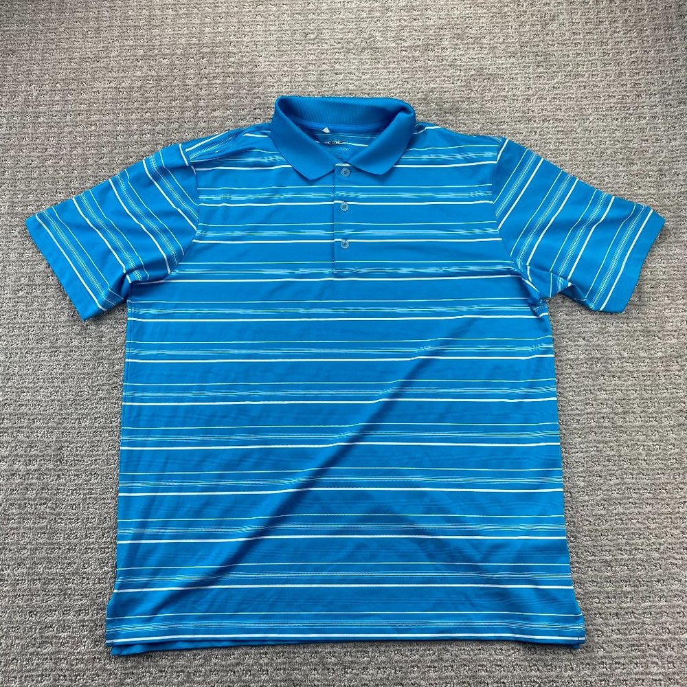 Adidas Pure Motion Golf Shirt Men Large L Blue White Striped Casual Polo Golfing